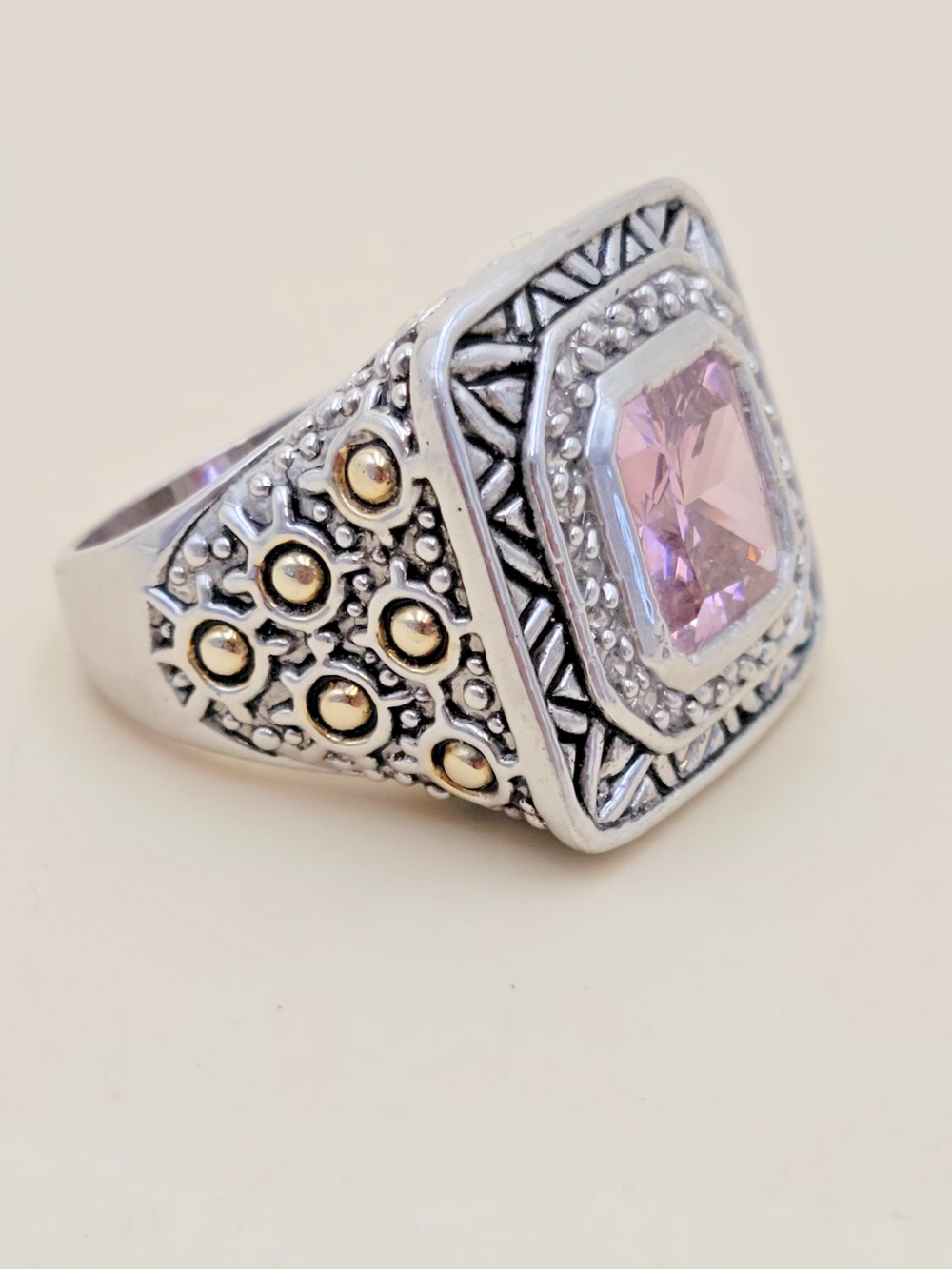 Vintage Sterling Silver Pink Amethyst Cushion Cut Bali Cocktail Ring Sz 7.5
